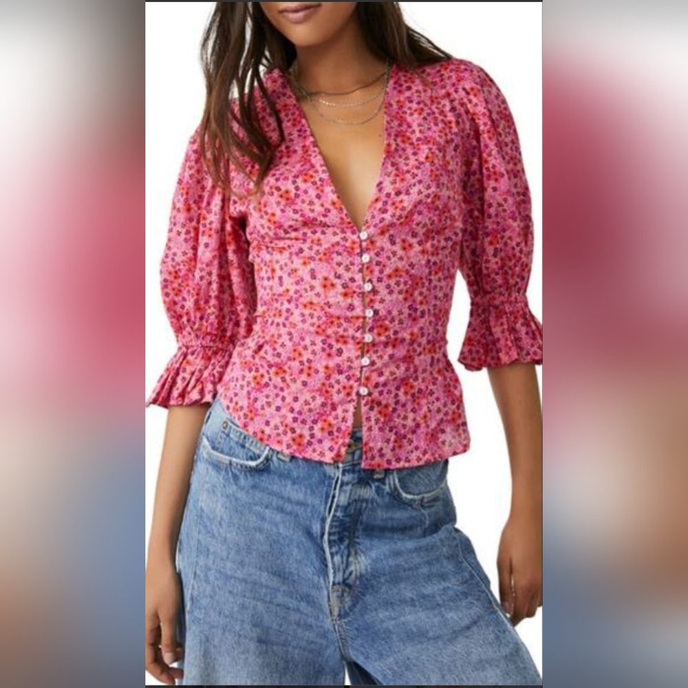 FREE PEOPLE Floral Pink Blouse Small